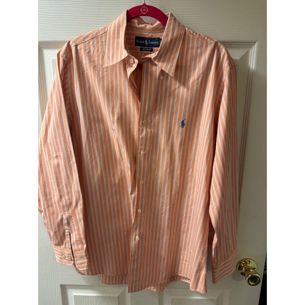 Ralph Lauren Men's Custom Fit Orange White Blue Stripe Button Down Shirtt